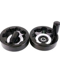 Black lathe wheel milling machine hand wheel with folding alloy handle from 10 to 20 cm rotating wheel for precision milling.
