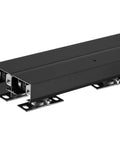 Heavy Duty Bypass Sliding Door Hardware Kit For Two Doors Four Foot Aluminum Alloy With Finger Pulls Closet Door Hardware Set Fits Doors From One And Three Eighths To One And Three Quarters Inches Thick Supports Up To One Hundred Fifty Pounds. Black aluminum sliding track with visible rollers for two-door setup. Close-up view.