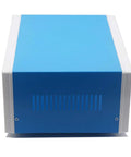 Front view of Blue Metal Electronics Enclosure Project Case for DIY builds, junction box with four mounting feet, 12.6 x 10.6 x 4.7 inches.