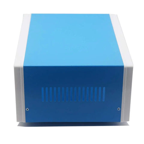 Front view of Blue Metal Electronics Enclosure Project Case for DIY builds, junction box with four mounting feet, 12.6 x 10.6 x 4.7 inches.