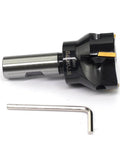 Oscarbide indexable end mill, side view; 3/4 in shank, 2 in cutting diameter, carbide inserts and hex key shown.