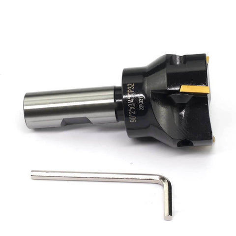 Oscarbide indexable end mill, side view; 3/4 in shank, 2 in cutting diameter, carbide inserts and hex key shown.