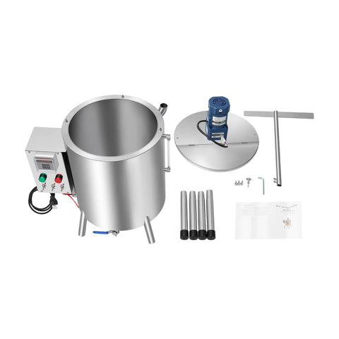 Pro Grade Heating Mixing Filling Machine With 30L Stainless Steel Tank, components and stirrer, viewed from above.
