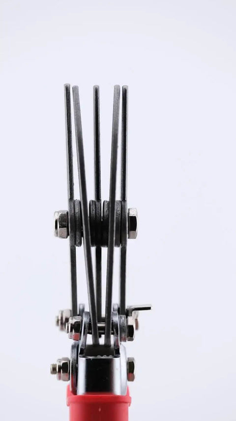 Close-up of 16-142 5-Blade Sheet Metal Crimper for HVAC installations with RedLine handles, showing blade alignment.
