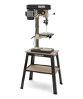 Heavy Duty Tool Table With Steel Frame For Workshop, 31 Inch Height, 500 Pound Capacity, Fully Expanding MDF Top 14 By 25 Inches, Keeps Power Tools Off The Bench And Ready For Any Project, shown with drill press