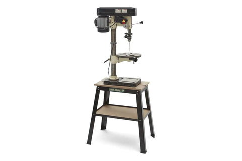 Heavy Duty Tool Table With Steel Frame For Workshop, 31 Inch Height, 500 Pound Capacity, Fully Expanding MDF Top 14 By 25 Inches, Keeps Power Tools Off The Bench And Ready For Any Project, shown with drill press