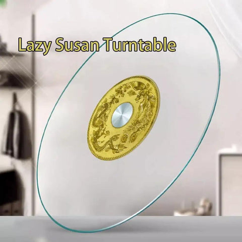 Hella Smooth 360 Swivel Tempered Glass Lazy Susan Turntable Nailed It Rotating Dining Serving Tray with gold design on glass surface.