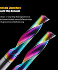 Close-up of two HOZLY CNC single-flute router bits with colorful DLC-coated tungsten carbide bodies