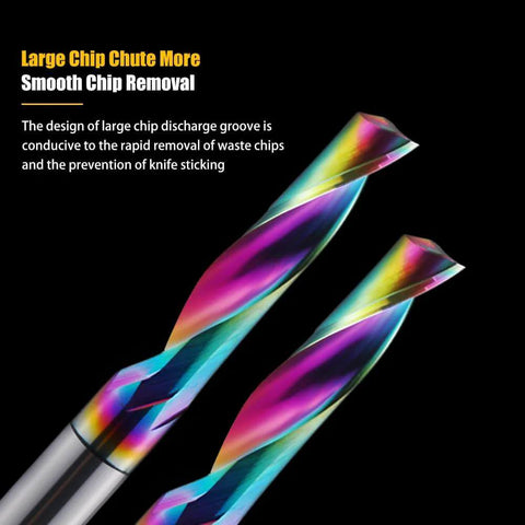 Close-up of two HOZLY CNC single-flute router bits with colorful DLC-coated tungsten carbide bodies