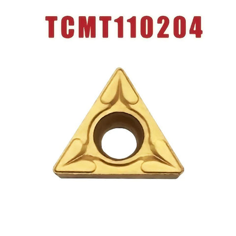 Front view of gold carbide turning insert TCMT110204 with central hole, triangular 91°