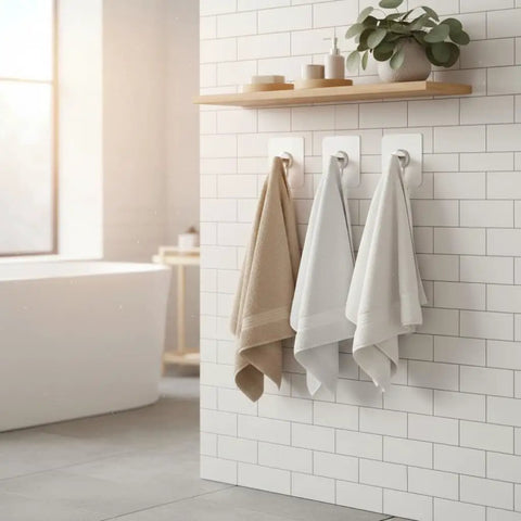 No Drill Wall Hooks Heavy Duty Adhesive Hangers For Kitchen Bathroom And Home Damage-Free Picture Hanging Hardware With Removable Non-Marking Tape 10 Pack, white wall hooks holding towels on tiled bathroom wall