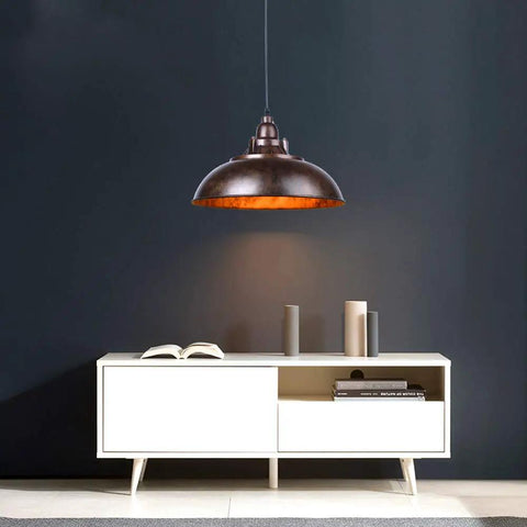 Industrial Nautical Barn Pendant Light With Rustic Bowl Shape Ceiling Fixture On Chain above cabinet, rust finish, interior scene.