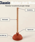 Six Inch Red Rubber Plunger With Sturdy Wood Handle Built For Light Duty Bathroom Drain And Toilet Jobs That Knock Out Stubborn Clogs Without Any Drama showing rounded tip and tapered neck.