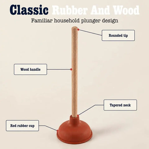 Six Inch Red Rubber Plunger With Sturdy Wood Handle Built For Light Duty Bathroom Drain And Toilet Jobs That Knock Out Stubborn Clogs Without Any Drama showing rounded tip and tapered neck.
