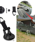 Universal Car Suction Cup Anchor With Securing Hook Reusable Heavy Duty Tie Down For Camping Tarp Car Side Awning Outdoor Motorhomes And Vans Accessories Scratch Free And Scratch Resistant No Drilling No Holes No Glue Easy Push And Attach shown installed on a van's awning.