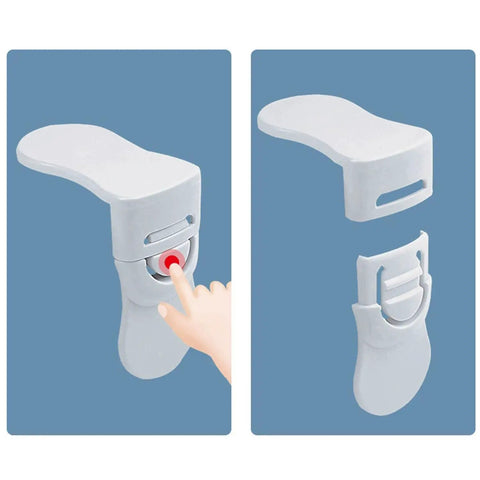 Close-up of 10 Pack Child Safety Drawer Locks with Strong Adhesive Tool Free Installation showing installation and locking mechanism.