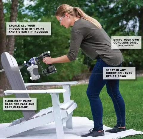 Portable Cordless Drill Connect Paint Sprayer Featuring A Compact Application Cup And High Pressure Output for wood staining, used by woman.