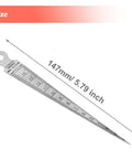 Angled view of stainless steel taper gauge with hole, showing metric and inch scales (1-15 mm; 1/32-5/8 in).