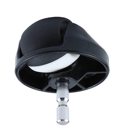 Roomba front wheel caster assembly; black housing, white wheel, metal mounting stem.