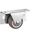 Side view of a Four Pack Slim Side Mounted Flat Bottom Caster Wheel, 1-1/4 inch, with durable steel bracket for furniture drawers.