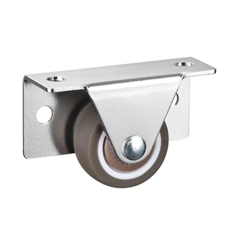 Side view of a Four Pack Slim Side Mounted Flat Bottom Caster Wheel, 1-1/4 inch, with durable steel bracket for furniture drawers.