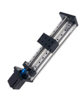 Beefy Linear Guide Motion Module Rail for CNC Tables With Nema 23 Stepper, 1610 Ballscrew, 50mm Travel, Ultra Precise 0.03mm Accuracy, 0 to 50mm per second Speed, 60kg Horizontal Load, 15kg Vertical Load, Ideal for DIY CNC and Robotics., angled view of aluminum linear rail with carriage and ballscrew