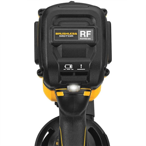 Top view of 20V Max Brushless 15 Degree Cordless Roofing Nailer With Tool Free Nail Tray Battery Powered Yellow And Black
