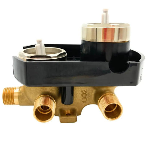 Heavy Duty Rough In Shower Valve With Integrated Diverter And Solid Forged Brass Body engineered for easy back to back installs, showing detailed valves.