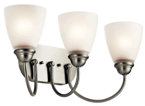 3 Light Vanity Light With Satin Etched Glass Shades in Brushed Nickel, 20.25 Inch Traditional Colonial Style Fixture