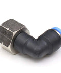 Close-up of 1/4 NPT Elbow Push To Connect Air Fittings Set for Pneumatic Lines, 6mm OD Quick Connect Adapters in plastic and stainless steel