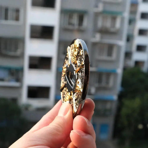 Side view of Dope Alloy Tsuba Fuchi Kashira Menuki Set For Samurai Sword Handle Upgrade 8 To 9 Cm Tsuba against urban backdrop
