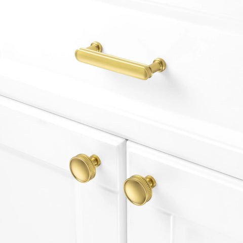 3 Inch Brushed Gold Cabinet Handles Set installed on white cupboards, 10 Pack Gold Cabinet Pulls for Cabinets Dresser Cupboard Kitchen Bedroom and Bathroom