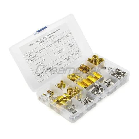 116 Piece Helicoil Thread Inserts And Self Tapping Assortment Kit showing various sizes M3 to M12 in stainless steel and carbon.