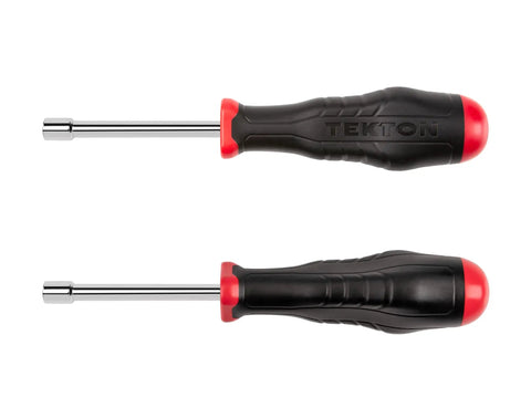 Two black and red handled bit drivers from Everybit Tech Rescue Kit And 1 Quarter Inch Bit Driver Set With Case, 83-Piece Variety Pack For Fast Repairs.