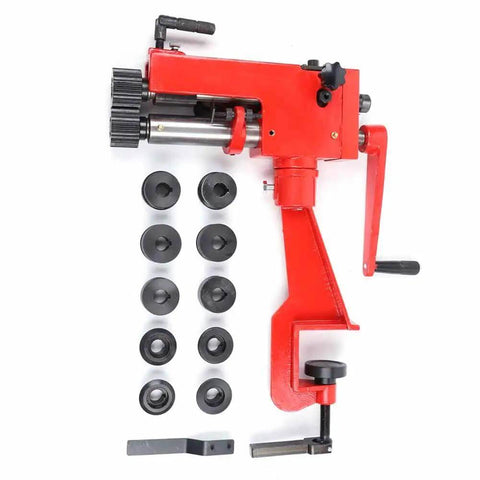 RM-08 7 Inch Manual Sheet Metal Bead Roller Machine with 6 die sets for 22 gauge beading, red, displayed on white background