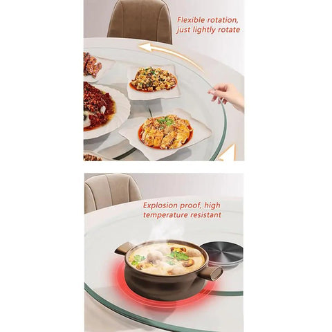 Large Glass Lazy Susan Turntable For Kitchen Dining Table with dishes, rotating smoothly while holding hot pot