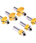 Top Shelf 6 Piece Half Inch Shank Router Bit Set For Flawless Corner Rounding And Edge Forming Hella Sharp Carbide Blades With Heat Resistant Teflon Coating For Killer Woodworking Results, showcasing six router bits.