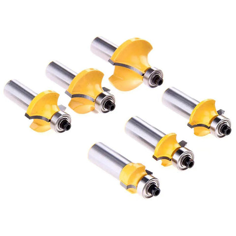 Top Shelf 6 Piece Half Inch Shank Router Bit Set For Flawless Corner Rounding And Edge Forming Hella Sharp Carbide Blades With Heat Resistant Teflon Coating For Killer Woodworking Results, showcasing six router bits.