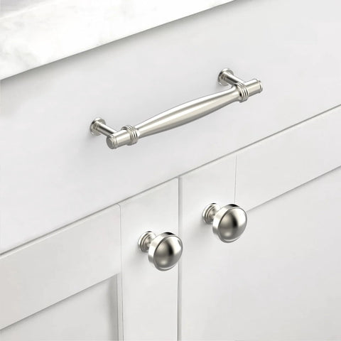 10 Pack 5 Inch Brushed Satin Nickel Cabinet Handles for Kitchen Cabinets and Drawers, Durable Cabinet Pulls installed on white cabinet