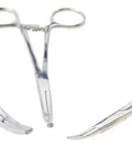 Close-up of Go To Workhorse Hemostat Forceps Set in stainless steel, featuring straight and curved locking clamps for various uses.