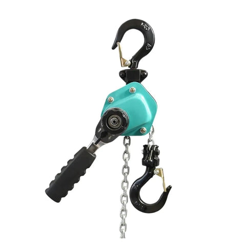 Heavy Duty Manual Lever Hoist Chain Block For Lifting Loads Up To 750kg With Durable Gear And Smooth Operation shown with hooks and handle.