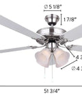 St James 52 Inch Ceiling Fan With Five Blades And Four Bulb Light Kit In Brushed Nickel With Alabaster Glass Diagram