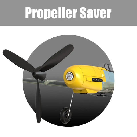 Close-up of BF109 RC Airplane Ready To Fly With XPILOT Stabilization System, showing the propeller and yellow nose.
