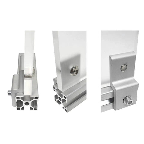 Close-up of Eight Piece 3030 Series Z Shaped Corner Brackets for Mounting Aluminum Extrusion T Slot Connectors.