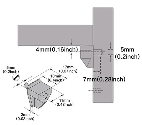 Diagram of clear plastic shelf support pins for cabinets and shelves, showing size dimensions for heavy duty wall mount.