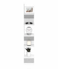 Corner Wall Shelves 5-Tier S-Shape Floating Rack In White, Space-Saving Corner Display Shelf For Bathroom, Bedroom, Living Room, Easy Assembly, Modern Wall Mount Shelf For Books, Decor, And Small Items. White 5-tier S-shape corner shelf with framed print, clock, candle, and plant.