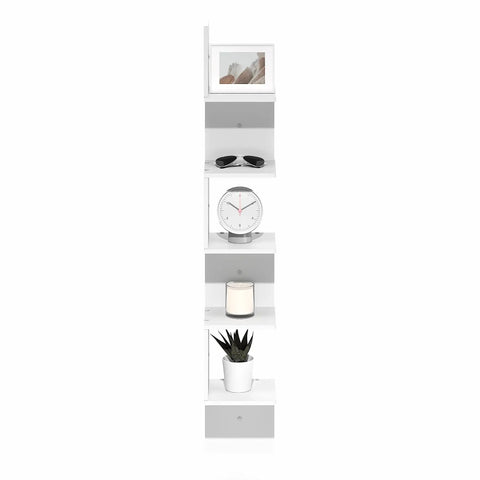Corner Wall Shelves 5-Tier S-Shape Floating Rack In White, Space-Saving Corner Display Shelf For Bathroom, Bedroom, Living Room, Easy Assembly, Modern Wall Mount Shelf For Books, Decor, And Small Items. White 5-tier S-shape corner shelf with framed print, clock, candle, and plant.
