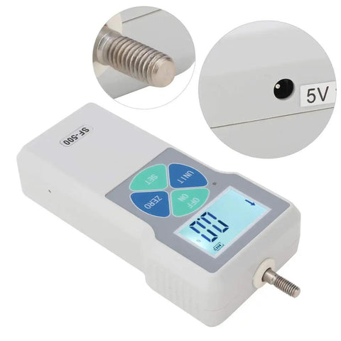 Digital Force Tester Portable Push And Pull Meter For Accurate Load Measurement In Lbs Kilograms And Newtons Units With Long Battery Life And US Plug For Field Or Workshop Use, white handheld digital model with threaded probe
