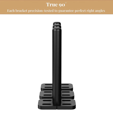 Rock Solid Hidden Floating Shelf Brackets 8 Pack Black Heavy Duty Metal Wall Mounts, side view, precision-tested for right angles.