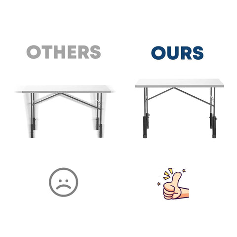 Premium Heavy Duty Folding Table Leg Extenders Six Adjustable Height Risers comparison of adjustable tables with different leg extenders.